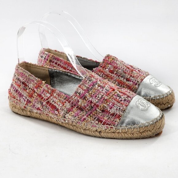 CHANEL Tweed Silver Cap Toe Espadrille Flats - Picture 1 of 12